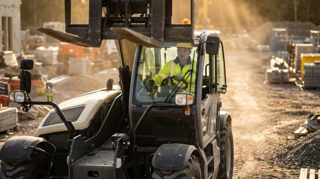 An operator drives a grey telehandler forklift through a dusty construction site as the sun creates a dramatic flare. The machine's enclosed cab and rugged build are designed to protect the driver and perform reliably in challenging, debris-filled environments.