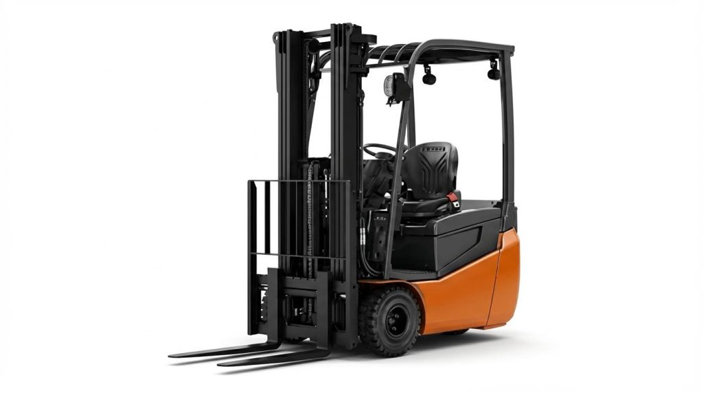 A professional studio photograph of a modern orange and black three-wheel forklift, isolated on a clean white background. This image provides a clear, detailed view of its ergonomic design, multi-stage mast, and the characteristic single rear wheel for superior maneuverability.