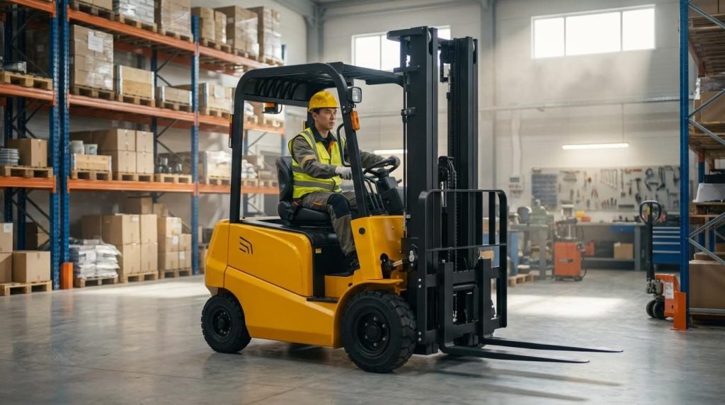 A skilled female operator in a yellow hard hat drives a compact yellow three-wheel forklift through a brightly lit warehouse. Its agile design is perfectly suited for navigating the narrow aisles between tall shelves laden with palletized goods in a logistics center.