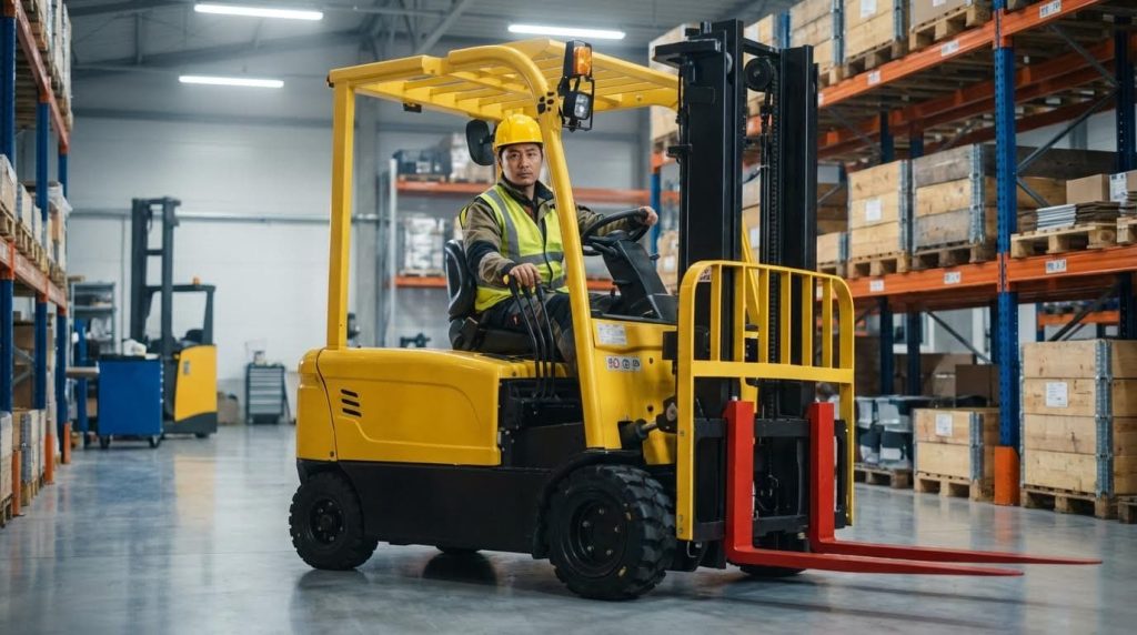 A male warehouse worker sits at the controls of a yellow three-wheel forklift with a distinctive open-style overhead guard. The machine is parked on a polished concrete floor, ready for operation within a large, well-organized distribution facility filled with inventory.