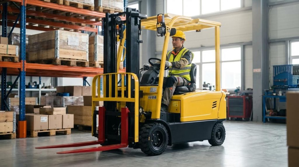 A professional male operator maneuvers a yellow three-wheel forklift, featuring eye-catching red forks, down a wide warehouse corridor. The machine's exceptional turning radius and compact size are highlighted as it efficiently moves through the bustling, well-stocked environment.