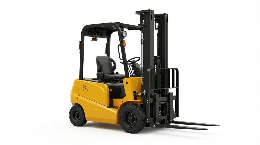 A professional studio photograph of a modern yellow and black three-wheel forklift, isolated on a clean white background. The image clearly showcases its compact chassis, ergonomic operator seat, protective overhead guard, and the agile single rear wheel for superior maneuverability.