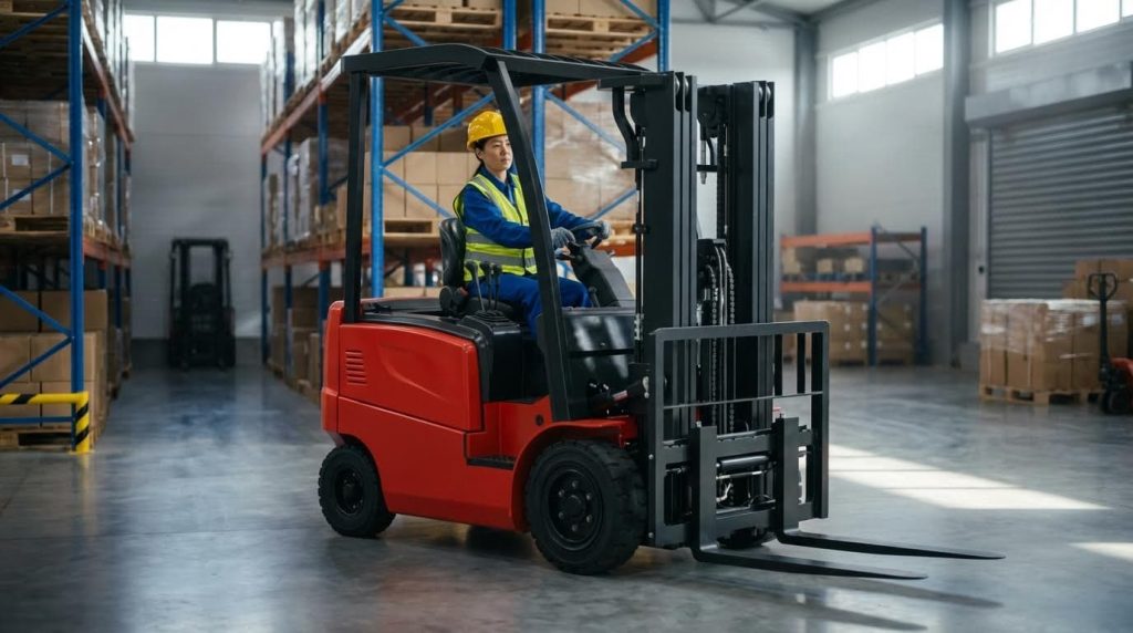 A male employee in blue coveralls operates a vibrant red three-wheel forklift near a large roll-up door in a warehouse. This agile machine is ideal for quickly loading and unloading goods, demonstrating its crucial role in shipping and receiving areas.