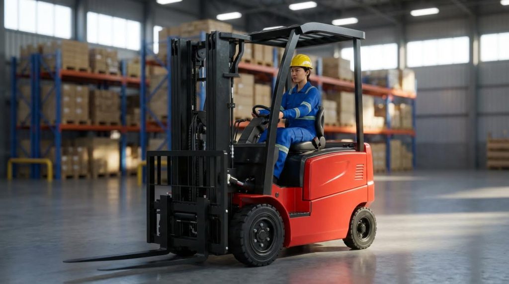 A skilled female operator in a hard hat and blue uniform confidently drives a red three-wheel forklift down a spacious, brightly lit warehouse aisle. The machine's agility is demonstrated as she navigates the open floor, with tall storage racks visible behind her.