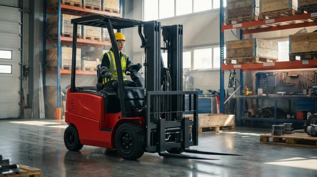 A focused male operator in a safety vest and hard hat drives a red three-wheel forklift down a central aisle in a modern warehouse. The vehicle's smooth operation and compact frame are showcased as it travels past neatly organized storage racks.