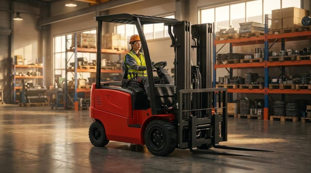 A female driver in an orange hard hat carefully navigates a red three-wheel forklift across a sunlit warehouse floor. The machine's clean design and efficient electric power make it an excellent choice for indoor material handling in a clean, professional setting.