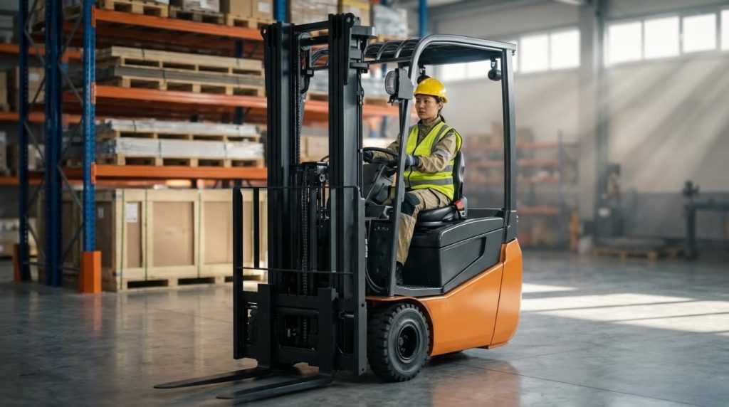 A female operator in a high-visibility vest drives an orange three-wheel forklift through a well-equipped workshop or factory area. Its versatility is demonstrated as it maneuvers past workbenches and shelves stocked with tools and industrial parts, not just pallets.