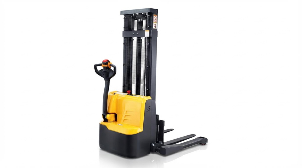 A professional studio photograph of a modern yellow and black electric walkie stacker, isolated on a clean white background. This model features a high-reach duplex mast and an ergonomic tiller arm, designed for efficient pallet lifting in warehouse and retail environments.