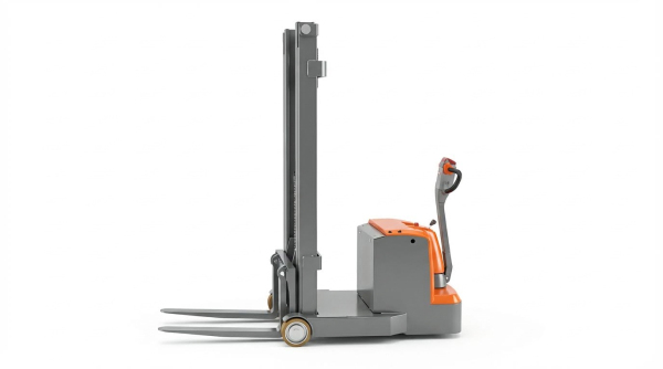 A sleek grey and orange electric walkie stacker is shown in a side profile against a white background. This model features a single mono-mast for excellent forward visibility and a side-mounted tiller for enhanced maneuverability in very narrow aisles and tight spaces.