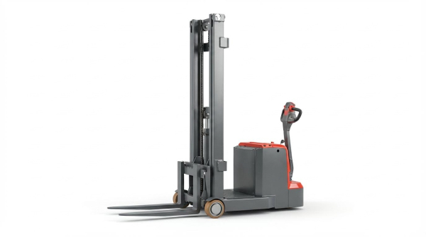 This image displays a robust grey and red electric walkie stacker on a plain white background. Its duplex mast provides high lifting capability while the compact chassis and responsive tiller control make it an ideal solution for medium-duty stacking tasks.
