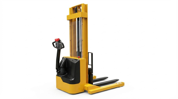 A yellow electric walkie stacker is presented on a white studio background. This three-quarter view highlights its sturdy construction, dual-stage mast, and user-friendly control handle, offering a reliable and efficient solution for stacking and transporting palletized goods in a warehouse.