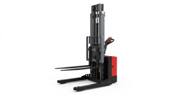 A front-on view of a red and black walkie stacker with straddle support legs, isolated on a white background. This design allows it to handle various pallet sizes and provides excellent stability when lifting heavy loads to significant heights in storage facilities.