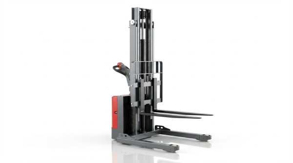 A three-quarter view of a red and black electric walkie stacker with straddle legs on a reflective white surface. This shot clearly showcases the machine's robust mast, forks, and the stabilizing straddle legs that make it ideal for high-stacking applications.