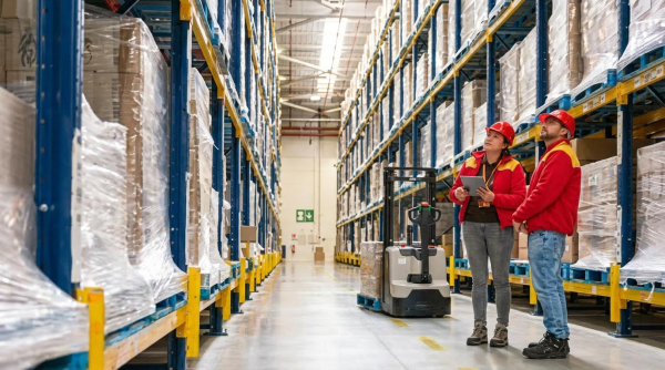 Two warehouse workers wearing red jackets and red hard hats stand together in a warehouse aisle reviewing a tablet. One wears dark pants while the other wears blue jeans. An electric pallet jack or order picker is positioned in the aisle behind them. Tall metal pallet racking with yellow safety guards at the base holds shrink-wrapped pallets of goods on multiple levels on both sides of the long aisle. The industrial distribution center features bright overhead lighting, polished floors, and an emergency exit sign visible in the distance.