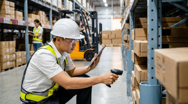 A male warehouse worker wearing a white hard hat, safety glasses, and yellow-green high-visibility safety vest over a white polo shirt crouches beside shelving while scanning cardboard boxes with a handheld barcode scanner. He holds a tablet in his other hand to record inventory data. In the background, another worker in a safety vest operates an orange forklift. Tall metal pallet racking stocked with cardboard boxes extends throughout the warehouse. The industrial distribution center features high ceilings and an organized storage system.
