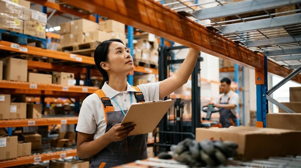A diligent female worker in overalls holds a clipboard and carefully inspects products on a high shelf, conducting a manual stock count. This image represents the fundamental warehouse management task of physical inventory verification to ensure data accuracy and prevent discrepancies.