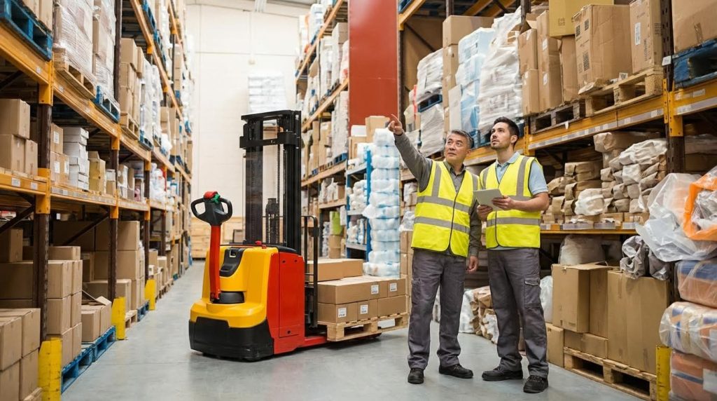 A warehouse supervisor and his colleague stand in an aisle, engaged in a discussion about inventory placement. One worker points up towards the high shelving, illustrating teamwork, communication, and strategic planning in effective warehouse management and space optimization.