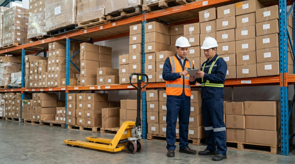 Two warehouse workers wearing white hard hats stand together reviewing a tablet. One wears an orange high-visibility safety vest over dark blue work clothes, while the other wears all dark blue work attire. A yellow manual pallet jack is positioned to their left. Behind them, metal pallet racking with blue uprights and orange beams holds rows of cardboard boxes with shipping labels on multiple shelf levels. The workers stand on a gray concrete floor in the industrial storage facility.