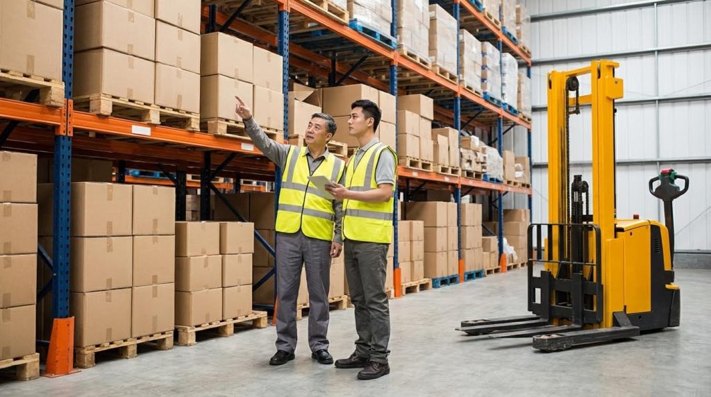 A senior warehouse manager points towards high-bay racking, providing instructions to a younger team member who is holding a tablet. This scene depicts crucial aspects of warehouse management, including on-the-job training, supervision, and knowledge transfer for efficient operations.