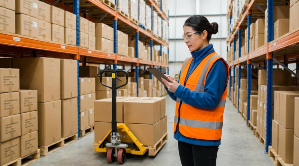 A female warehouse worker wearing glasses, an orange high-visibility safety vest, blue turtleneck sweater, and dark pants stands in a warehouse aisle looking at a tablet. Her hair is pulled back in a bun. A yellow manual pallet jack loaded with cardboard boxes on a wooden pallet is positioned behind her. Tall blue and orange metal pallet racking stocked with labeled cardboard boxes extends on both sides of the aisle on multiple levels. The industrial storage facility has high gray walls and a well-organized inventory system.