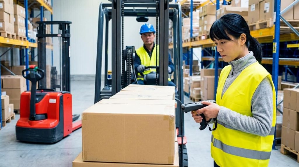 A logistics employee in a high-visibility vest uses a handheld barcode scanner to verify a box that is part of a larger order on a forklift's pallet. The forklift operator waits in the background, showcasing a technology-driven verification step in the warehouse order picking workflow.