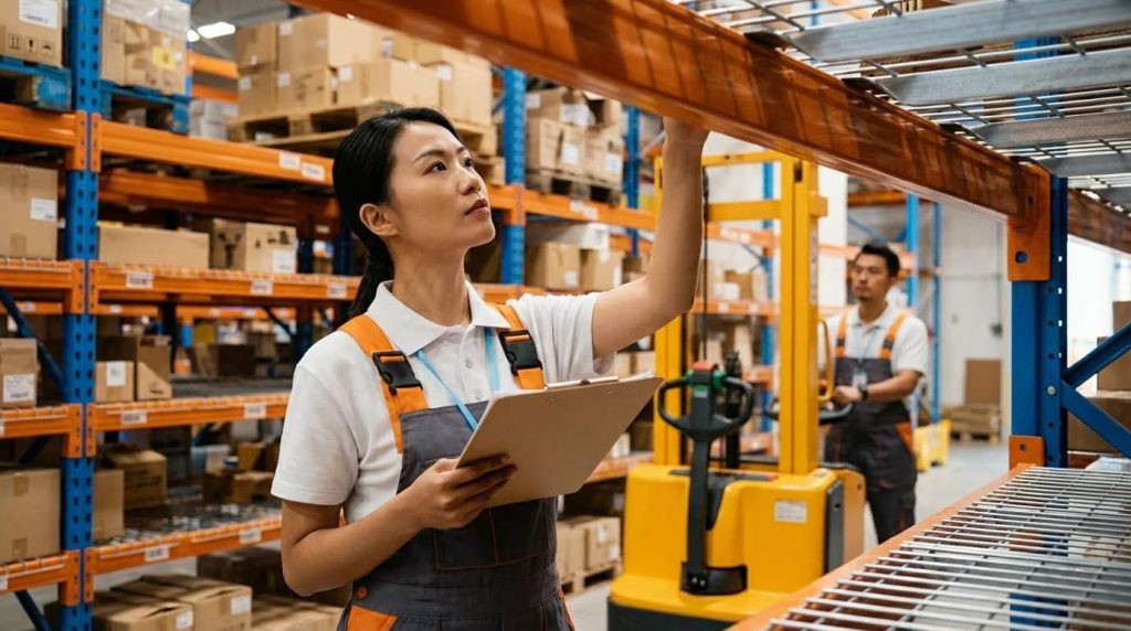 A diligent female order picker in overalls holds a clipboard as she inspects inventory on a high warehouse rack, reaching up to check an item. This represents the crucial task of manual verification and picking from upper-level storage locations in a large-scale fulfillment center.