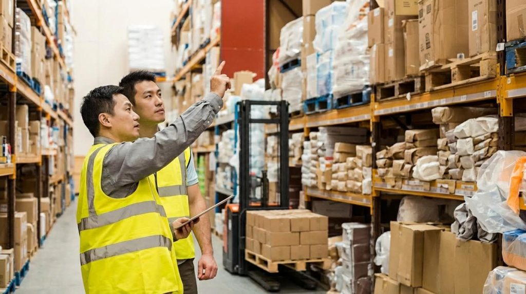 A warehouse supervisor points to a specific location on a high pallet rack, instructing a colleague during the order picking process. They are collaborating to locate the correct inventory, highlighting the importance of teamwork and communication for accurate and efficient fulfillment.