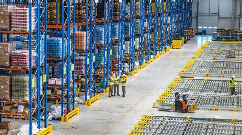 A high-angle view of a massive, modern warehouse featuring blue high-density racking and a semi-automated conveyor system for pallet transport. Workers are overseeing the large-scale stacking and storage operations, showcasing a highly efficient and organized logistics environment.
