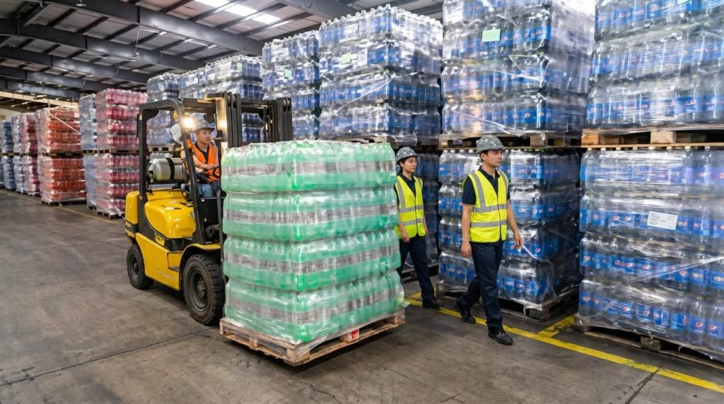 A forklift operator carefully maneuvers a pallet loaded with shrink-wrapped cases of bottled water in a beverage distribution warehouse. Two colleagues guide the process, demonstrating the teamwork required for safely handling and stacking heavy, fragile inventory in bulk.