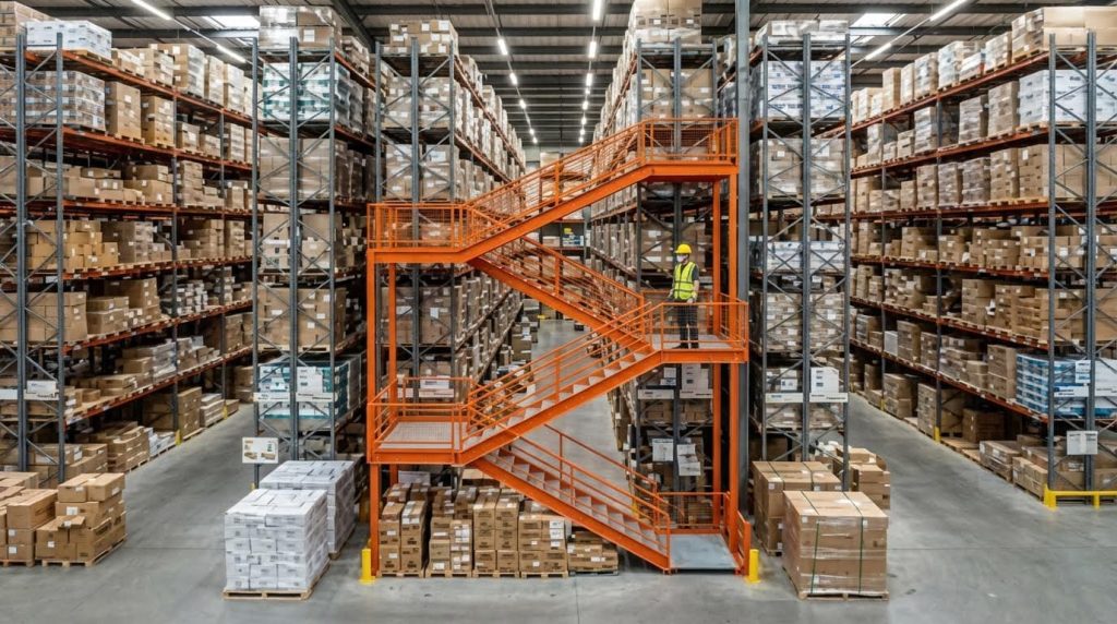 A panoramic view of a massive warehouse featuring towering pallet racks connected by a central, multi-level orange access staircase. This infrastructure supports a complex, multi-tiered stacking and storage system, enabling efficient management of inventory across various vertical levels.