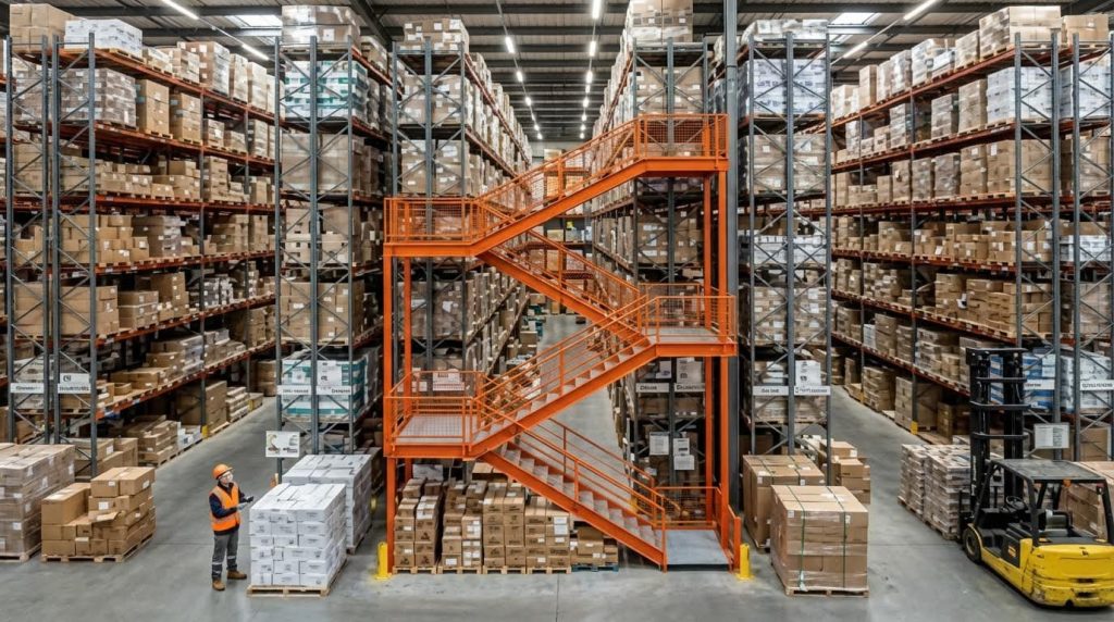 A wide-angle perspective of a logistics center emphasizes its vertical scale, with an orange multi-level mezzanine providing access to towering racks. This showcases a sophisticated warehouse design focused on maximizing high-density stacking and efficient inventory retrieval from all levels.