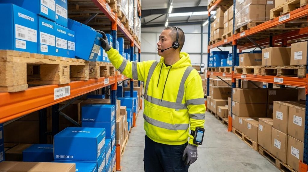 A warehouse picker wearing a yellow hoodie and a communication headset receives instructions through a voice-directed system. He efficiently locates and picks a specific blue product box from a high shelf, showcasing a hands-free, voice-activated order fulfillment process in action.