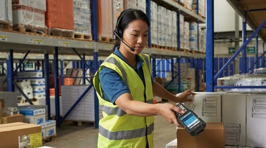 A female logistics employee in a high-visibility vest uses a handheld scanner to verify a package while listening to instructions through her headset. This illustrates a blended warehouse picking system that combines voice commands with barcode scanning for maximum accuracy and efficiency.