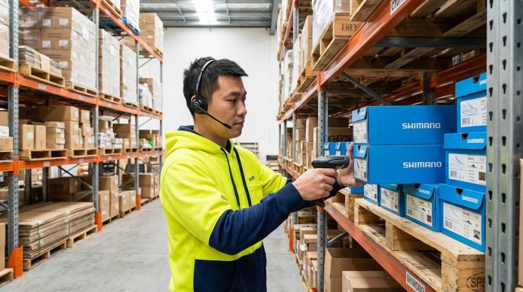 A male warehouse worker, equipped with a voice picking headset, uses a handheld scanner to confirm he has selected the correct blue boxes from a pallet. This demonstrates a vital verification step in a voice-directed workflow to ensure order accuracy.