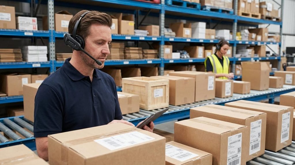 A focused warehouse manager wearing a headset oversees packages moving along a conveyor roller system, using a digital tablet to track order progress. This depicts the quality control stage where orders picked via voice commands are checked before dispatch.