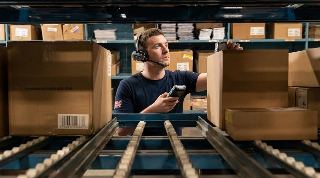 A warehouse worker with a headset looks up while checking a box on a conveyor line, holding a scanner for final verification. This shows the end of a voice picking journey, where completed orders are processed for shipment, ensuring speed and accuracy.