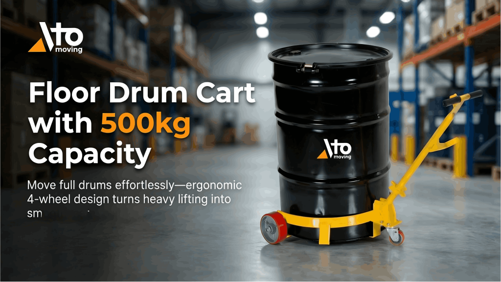 An ergonomic floor drum cart with a 500kg capacity, designed to move full drums effortlessly. Its smart, 4-wheel design transforms heavy lifting into smooth, safe rolling, making it an essential tool for safely maneuvering barrels in any industrial or workshop setting.