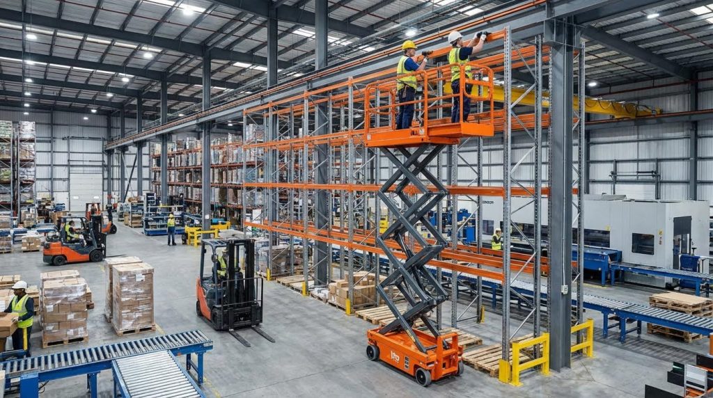Two workers in safety gear operate a bright orange aerial working platform, extended high to perform maintenance tasks on heavy-duty pallet racking inside a spacious, brightly lit industrial warehouse environment.