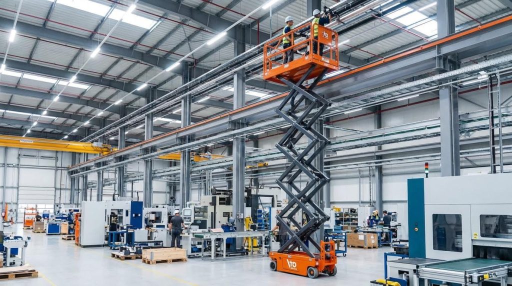 An orange scissor-style aerial working platform is fully elevated, allowing workers to conduct safe overhead maintenance near ceiling crane rails in a modern, clean manufacturing facility equipped with industrial machinery.