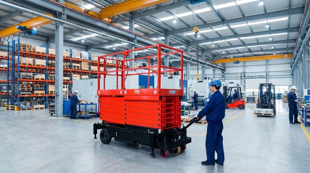 A factory worker in a safety helmet manually maneuvers a lowered, compact red aerial working platform across the floor of a busy industrial workshop, positioning the mobile lift for upcoming elevated tasks.