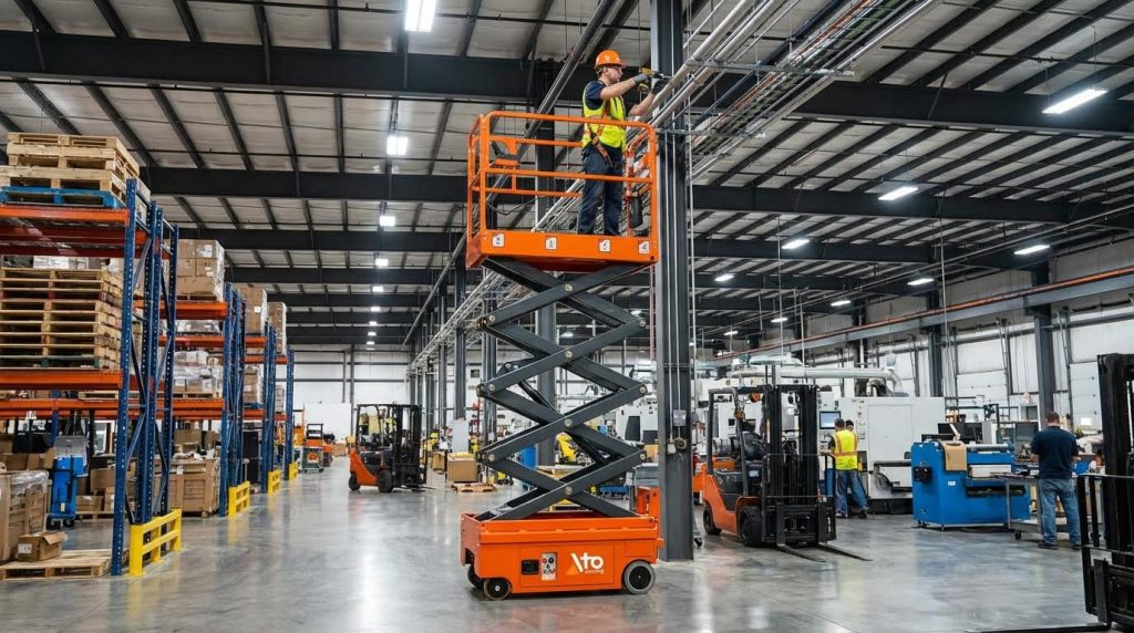 A single operator stands safely in the basket of an elevated orange aerial working platform, performing overhead facility maintenance near the high ceiling of a large distribution warehouse surrounded by pallet racks.