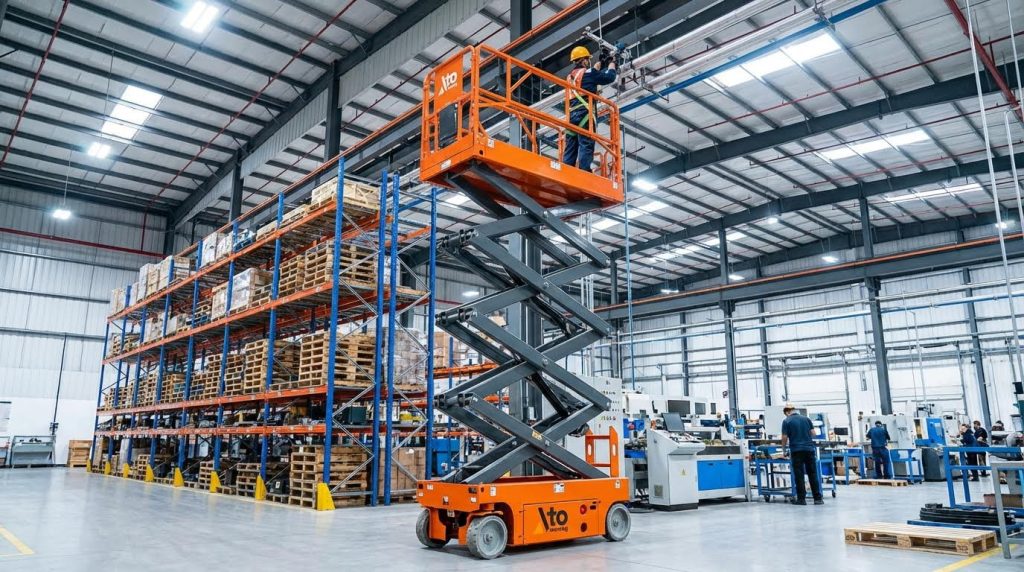 An industrial worker utilizes a fully extended orange scissor-type aerial working platform to safely access and maintain overhead ceiling structures in a vast manufacturing warehouse, highlighting the equipment's stability for high-reach applications.
