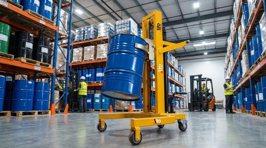 A yellow manual drum lifter elevates a blue plastic drum in a large warehouse. The background features tall storage racks filled with various colorful drums, showcasing efficient industrial drum handling equipment for material transport.
