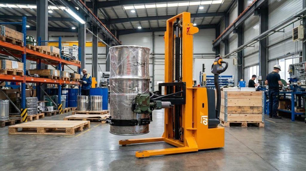 A heavy-duty yellow electric drum stacker and rotator securely grips a metal drum in an industrial facility. This specialized drum handling equipment allows for safe lifting, moving, and positioning of heavy cylindrical containers.
