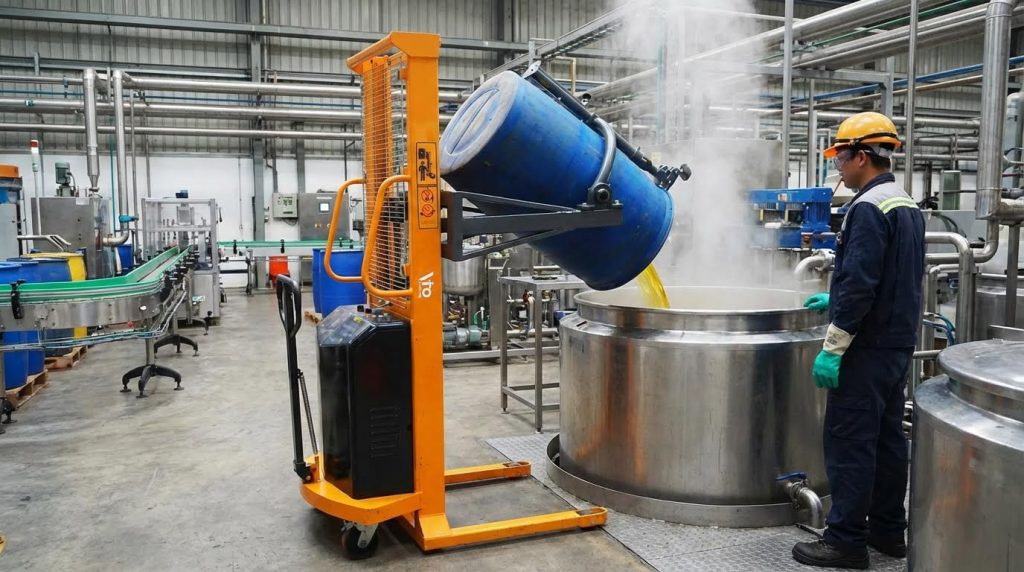 A powered drum rotator safely tilts a blue plastic drum to pour its liquid contents into a steaming stainless steel tank. An operator stands by, demonstrating efficient industrial drum handling equipment for chemical processing.