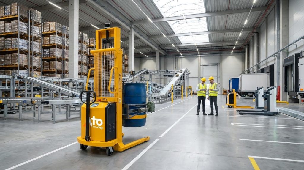 A yellow fully electric drum stacker carrying a blue drum stands on the floor of a modern logistics center. This automated drum handling equipment facilitates easy transportation of heavy barrels alongside warehouse conveyor systems.