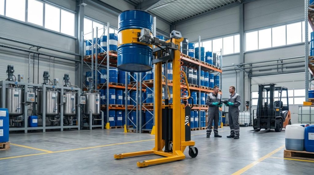 A tall yellow high-lift drum stacker elevates a blue drum in an industrial setting, while two supervisors converse nearby. The sturdy drum handling equipment is designed for vertical storage and overhead positioning of heavy barrels.
