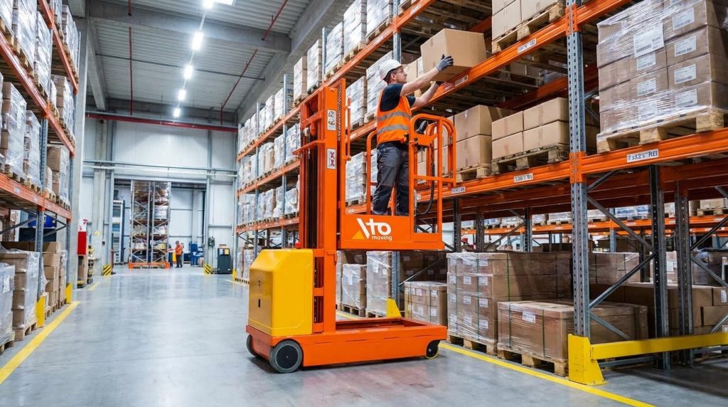 An operator utilizes an orange order picker to select inventory from the upper levels of a high-bay warehouse. The narrow aisle features safety floor markings, demonstrating efficient material handling and order fulfillment operations.