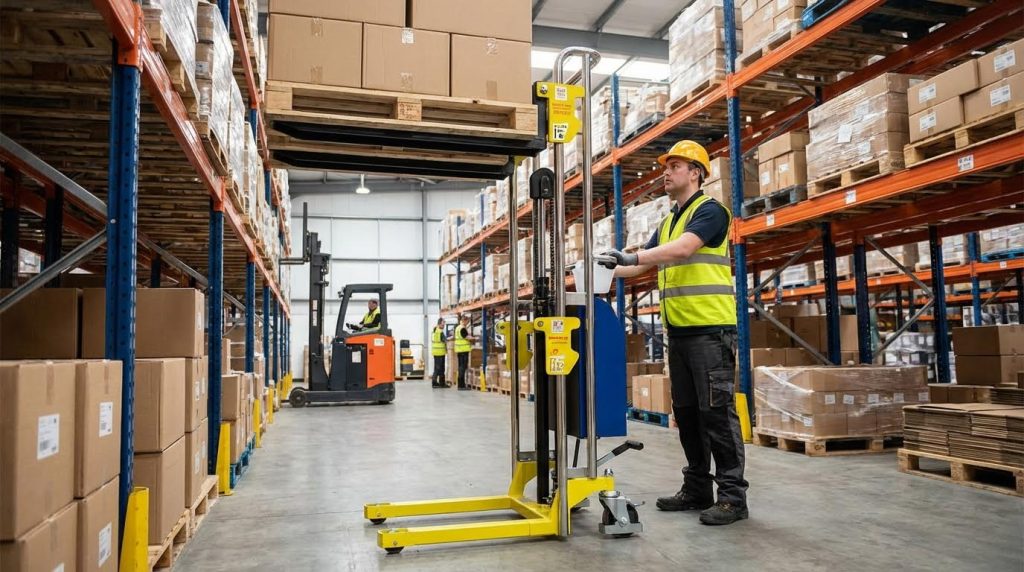 An operator carefully maneuvers a yellow semi-electric pallet stacker to place a loaded wooden pallet onto a high shelving unit in a narrow warehouse aisle.