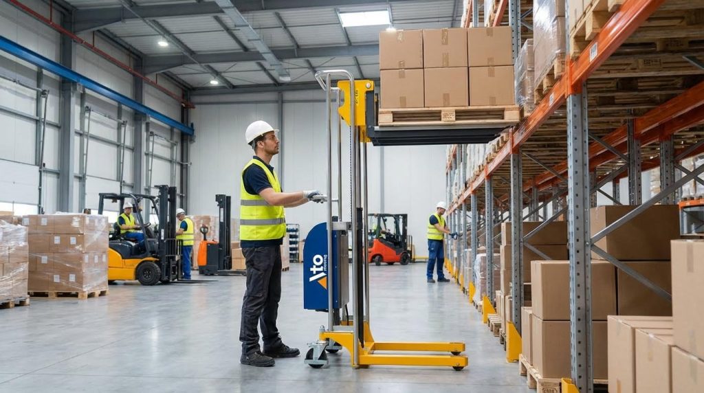 A warehouse worker utilizes a yellow and blue semi-electric pallet stacker to lift a stack of cardboard boxes, facilitating efficient material handling next to extensive storage racks.